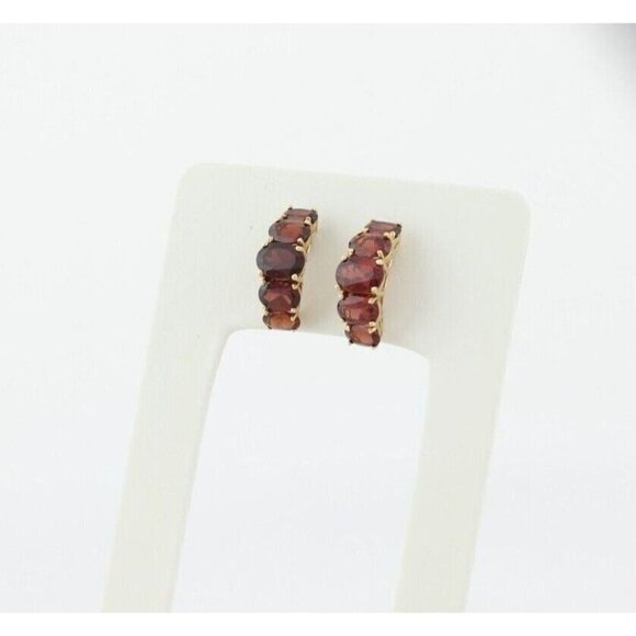 10k Yellow Gold Natural Garnet Earrings Half Hoop Earrings - Picture 6 of 7